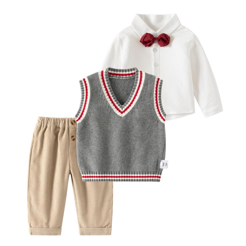 子供服 秋冬 ベビー服 長袖Tシャツ ベスト パンツ 3点セット 男の子 1歳 2歳 3歳 綿 普段着 かわいい ストライプ 73 80 90 100 110