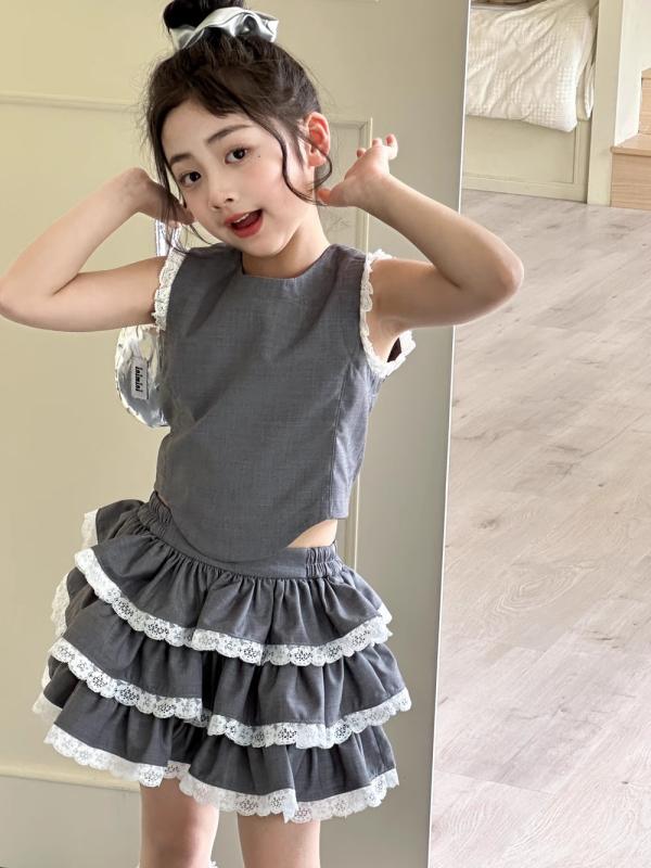 ワンピース キッズ 女の子 子供服 ノースリーブ チュール レース フリル 親子コーデ かわいい 夏 発表会 チュニック Aライン 膝丈 薄手 グレー 120 130 140 150 160 170