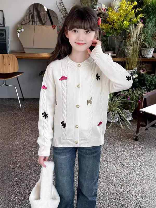 子供服 ニットカーディガン 女の子 春秋 刺繍 長袖 アウター トップス 子供 春 かわいい 普段着 通園 通学 110cm 120cm 130cm 140cm 150cm 160cm 170cm