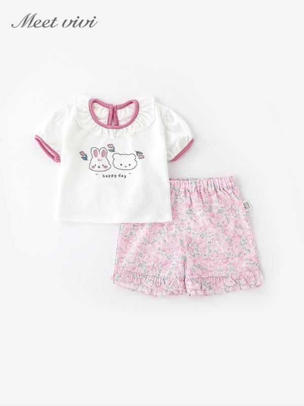 子供服 ベビー服 女の子 半袖Tシャツ 短パン ブルマ 上下セット 花柄 レース かわいい 80cm 90cm 100cm 110cm