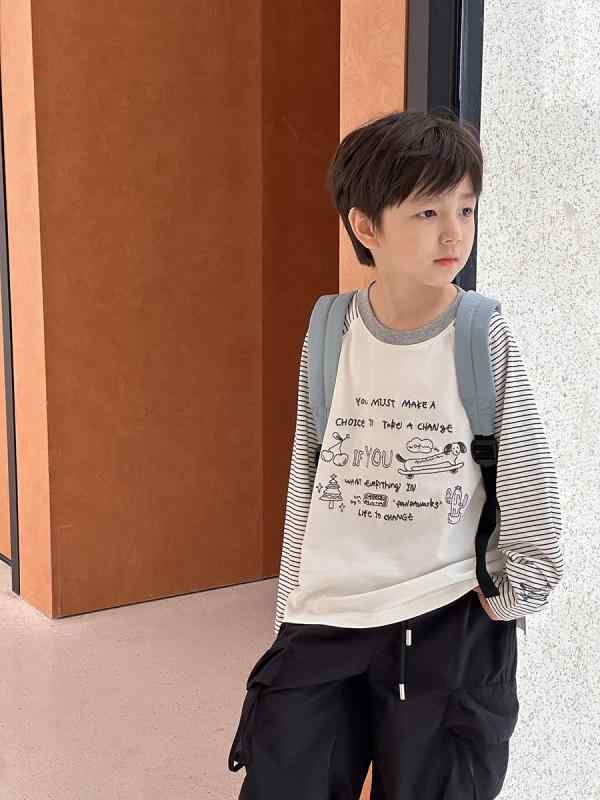 子供服 Tシャツ 男の子 長袖 春秋 ストライプ コットン トップス 8歳以上 ブラック ホワイト