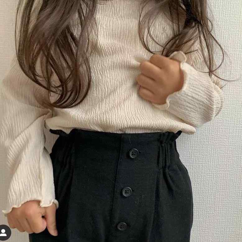 Tシャツ ガールズ 子供服 長袖 綿 カットソー 無地 レース使い ミドル丈 ベージュ系 ブラウン系 通園 普段着