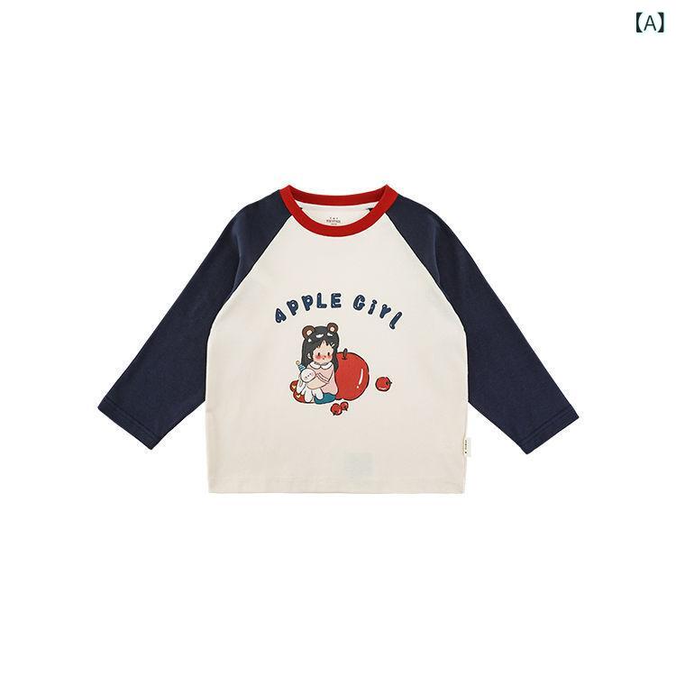 キッズ Tシャツ 長袖 女の子 かわいい カットソー 切り替え 柔らかい 秋 保育園 幼稚園 普段着 80cm 90cm 100cm 110cm 120cm 130cm 紺色 赤 黄色 ピンク系