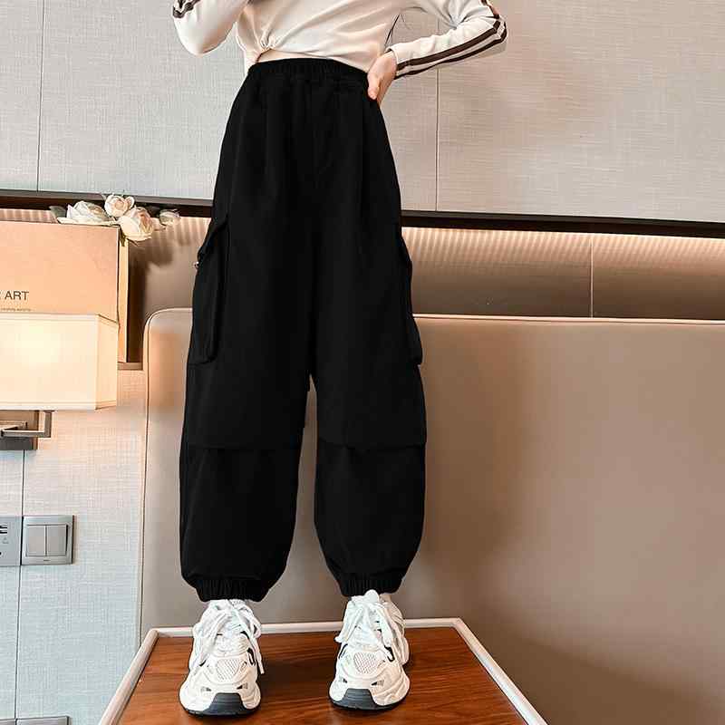 パンツ キッズ ガールズ 子供服 カーゴパンツ ロングパンツ 綿 中大児童 無地 カーキ ブラック ブラウン レッド レンガ色