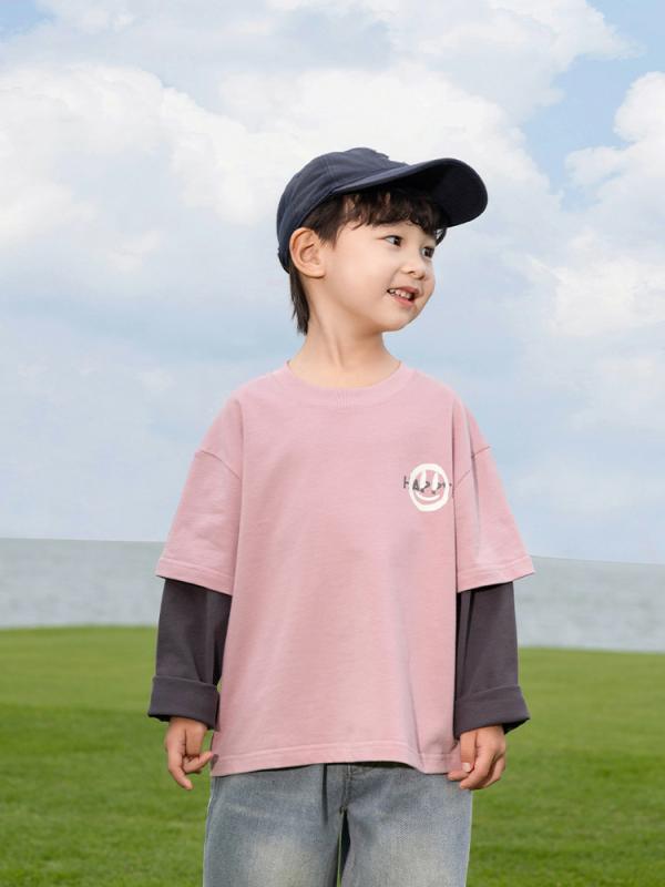 子供服 Tシャツ 男の子 長袖 カットソー 韓国 スマイル プリント 切り替え 普段着 保温性 春秋冬
