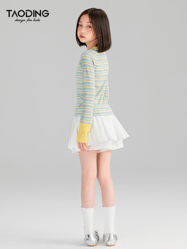 子供服 Tシャツ 女の子 春夏 中学生 レインボー ストライプ スリム 切り替え コットン 吸水性