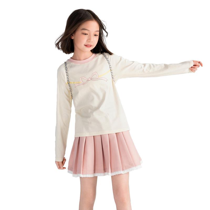 Tシャツ ガールズ キッズ 長袖 春夏 薄手 コットン ニット プリント リボン かわいい トップス カットソー