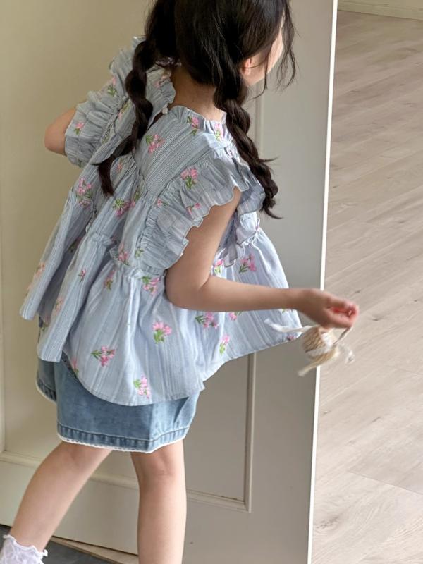 シャツ 女の子 子供服 ノースリーブ フラワープリント ブラウス トップス 薄手 親子コーデ かわいい ガーリー サマー 青色系