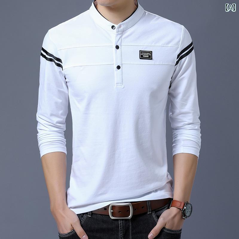 Tシャツ メンズ 男性用 長袖 コットン カットソー 立襟 ストライプ柄 裏起毛 厚手 保温性 秋冬 普段使い