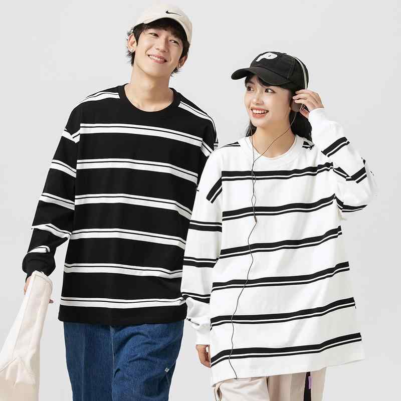 Tシャツ 男女兼用 長袖 ルーズ ストライプ柄 春秋 トップス スウェット 綿 カジュアル ドロップショルダー