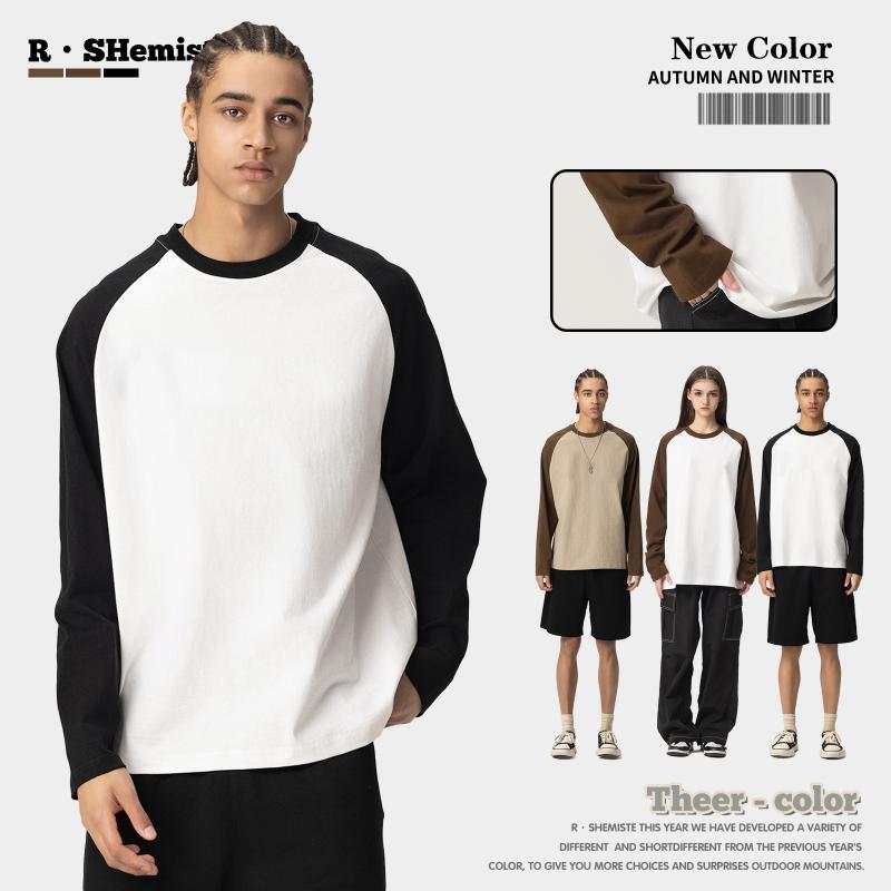 Tシャツ 男性用 レトロ 長袖 コットン100% 無地 ラウンドネック プルオーバー 厚手 ゆったり 普段使い カフェ 白 黒 灰 ヨーロッパ