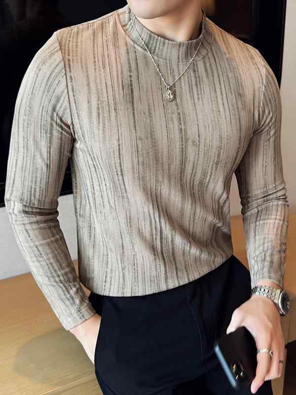 Tシャツ メンズ 男性用 高襟 長袖 カットソー グラデーション ストライプ柄 スリムフィット インナーウェア 綿 混紡 伸縮性 通気性 普段使い 部屋着