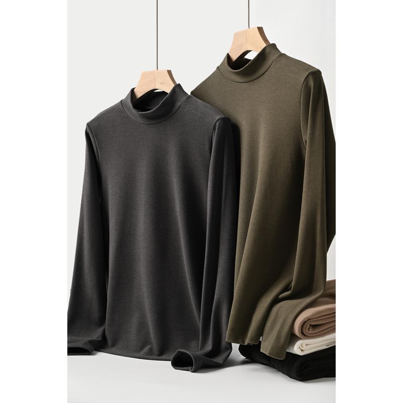 Tシャツ 男性用 長袖 秋冬 接触冷感 防皺 無地 ハイネック カットソー トップス インナー あったか 起毛 伸縮性 ブラック グレー キャメル ベージュ グリーン