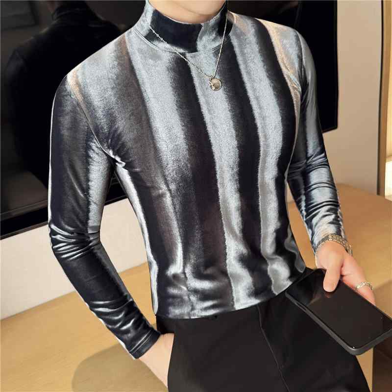 Tシャツ メンズ 長袖Tシャツ 男性用 ストライプ柄 ポリエステル 混紡 スリムフィット ハーフハイネック トップス 秋冬