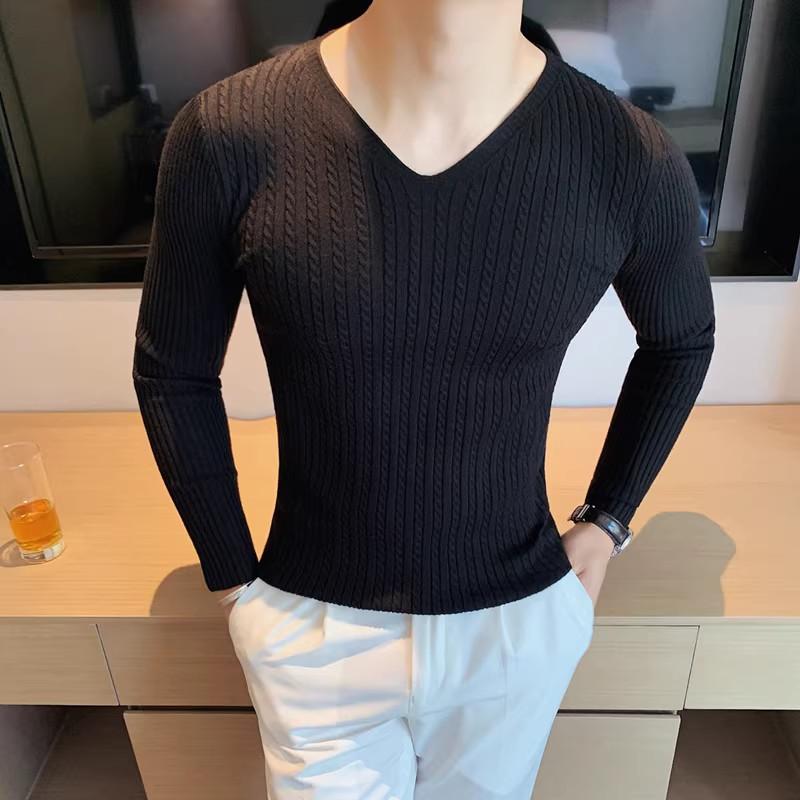 Tシャツ メンズ Vネック ニット カットソー 長袖 無地 スリムフィット プルオーバー トップス 春秋 ポリエステル 綿混紡 カジュアル 普段使い 黒 ブラック系