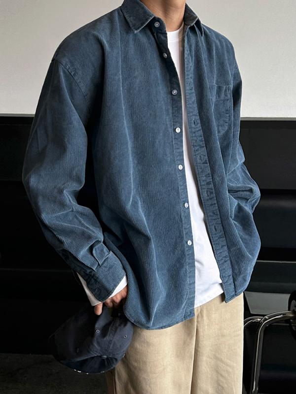 シャツ メンズ 男性用 長袖 コットン 100% 春物 ブルゾン ゆったり 翻領 無地 青色 カジュアル 韓国風