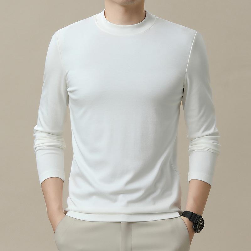 Tシャツ メンズ 男性用 トップス 秋冬 無地 シルク コットン カットソー 長袖 インナー 高級感 クルーネック 普段使い カジュアル 重ね着 ブラック 黒 ホワイト 白 グレー ブラウン