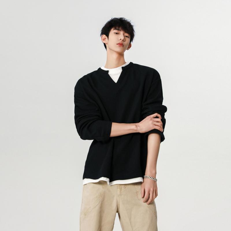 Tシャツ メンズ 長袖 レトロ風 ドッキングトップス ワッフル生地 春物 カジュアル 普段使い ルーズフィット 黒 灰色