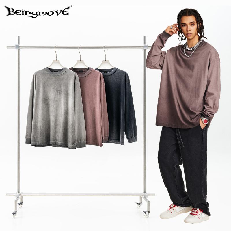 Tシャツ 男性用 ストリート ヴィンテージ ウォッシュ加工 コットン100% 長袖 トップス 秋冬 古着風 ルーズ 深グレー 梅紫 ブラック2