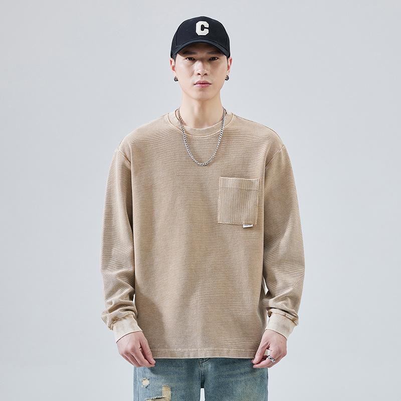 Tシャツ メンズ 男性用 アメリカン レトロ ゆったり 長袖 コットン クルーネック カジュアル トレーナー インナー トップス 無地 秋 春 秋服 春服