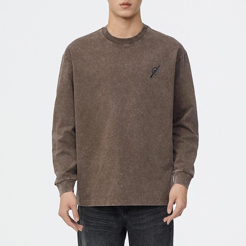 Tシャツ 男性用 春秋 ラウンドネック コットン レトロ ストリート ゆるT ドロップショルダー 長袖 トップス カットソー 英字プリント カフェオレ 黒に近いグレー2｜ブリルビ