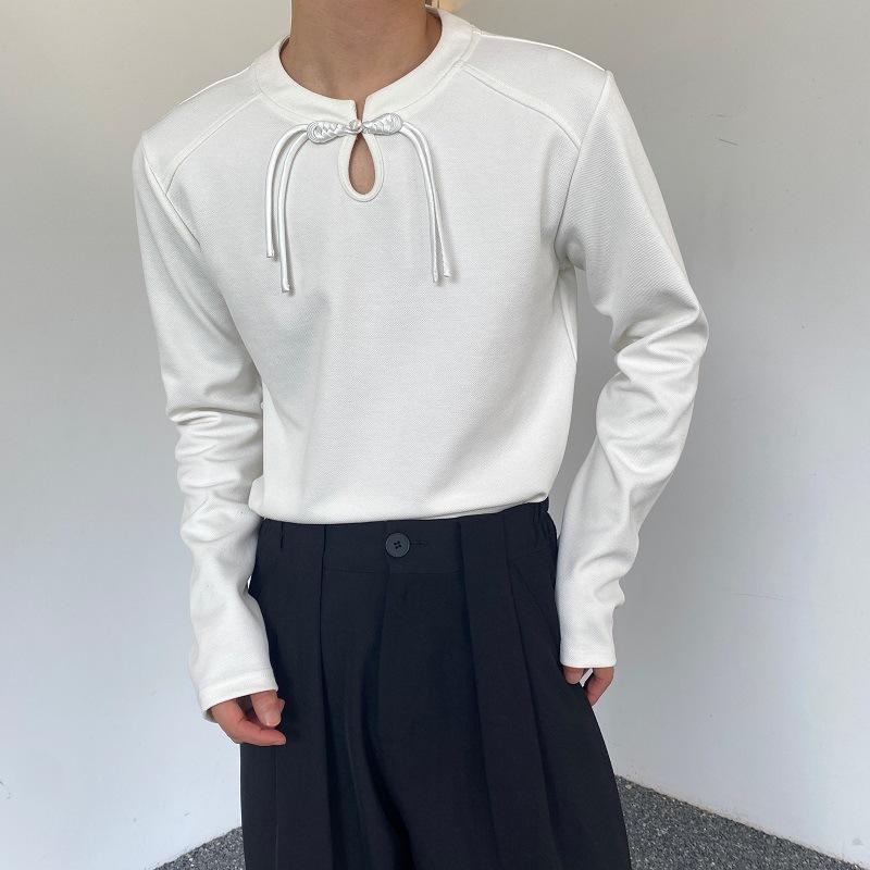 Tシャツ 男性用 長袖 チャイナ風 コットン トップス プルオーバー カットソー 普段使い 中国風 無地 白 黒