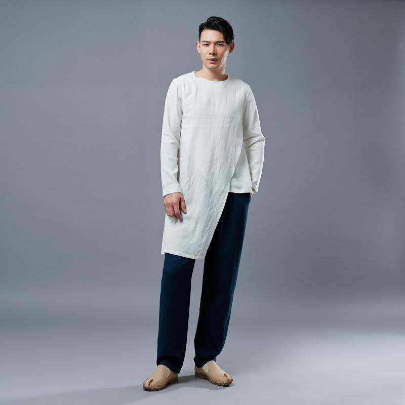 Tシャツ 男性用 麻 リネン カジュアル トップス 薄手 長袖シャツ 白色 黒色 斜角 20代 30代