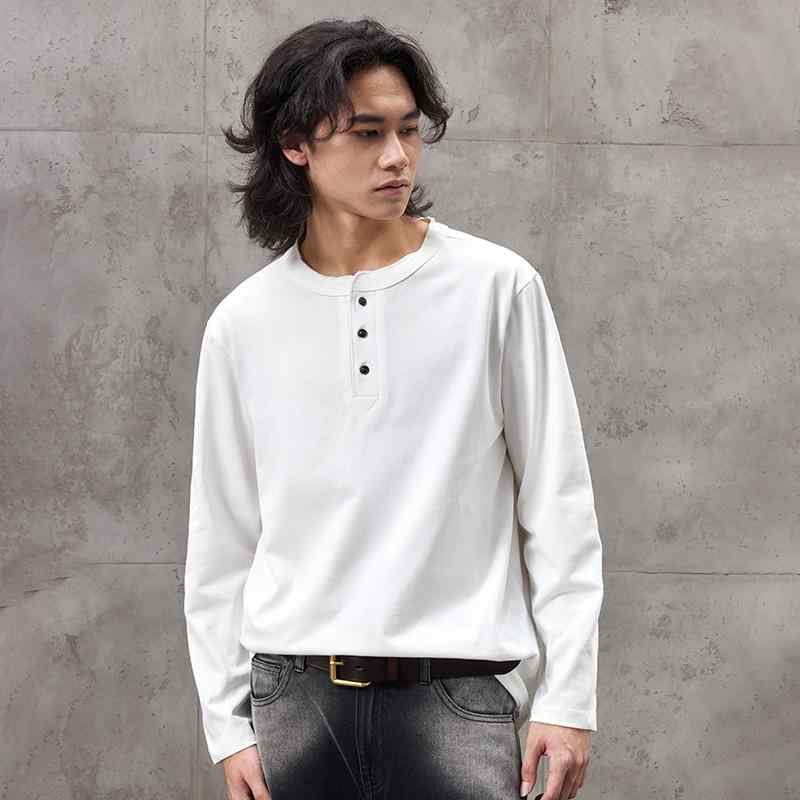 Tシャツ メンズ 長袖 ヘンリーネック トップス カットソー コットン アメカジ ゆったり 白色 黒色 軍緑 リラックス 普段使い