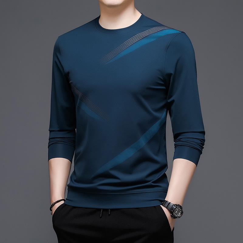 Tシャツ 男性用 長袖 薄手 シルク コットン トップス 春秋 ストライプ柄 リブ袖口 紳士服 ビジネス カジュアル ブラック ブルー