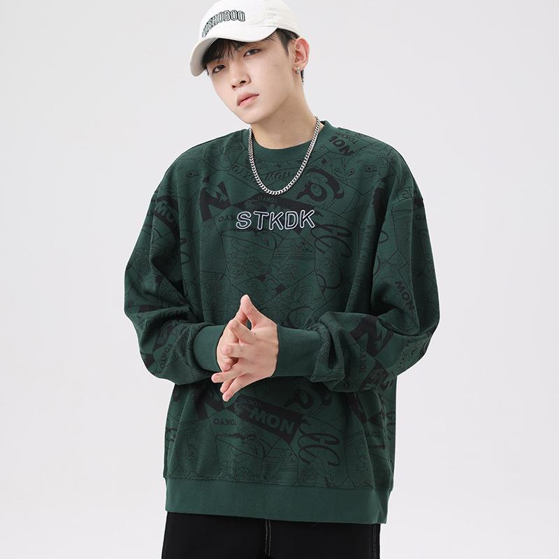 Tシャツ メンズ 男性用 トレーナー モスグリーン スウェットシャツ 長袖 プルオーバー トップス カットソー プリント 綿100% コットン ゆったり 普段使い 部屋着 秋冬