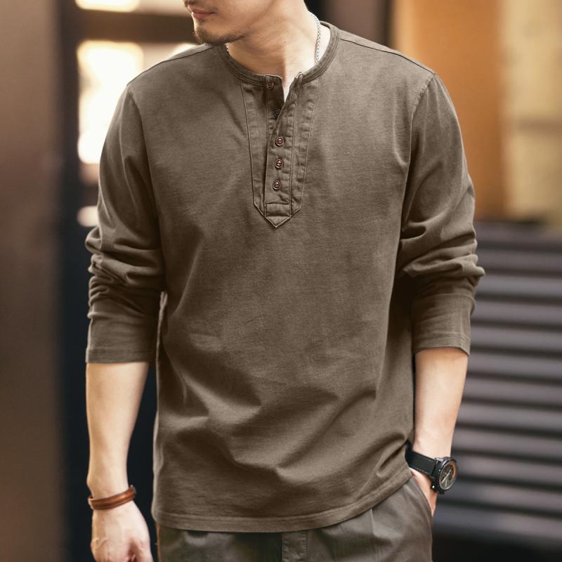 Tシャツ メンズ 長袖 コットン アメリカン レトロ ヘンリーネック トップス カットソー 無地 ゆったり 作業着風 普段使い モカブラウン 炭グレー 金吉 アイスグレー ブラック 軍緑