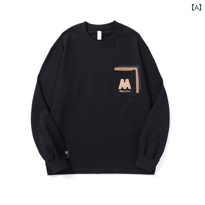 Tシャツ メンズ 男性用 長袖 ルーズフィット クルーネック カットソー トップス プルオーバー コットン100% 薄手 プリント 普段使い レトロ ブラック ブルー グリーン 大きいサイズ