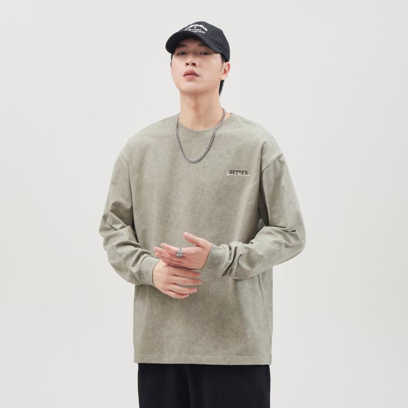 Tシャツ 男性用 長袖 韓国風 ストリート系 トップス プリント 綿 カジュアル ゆったり 普段使い スモーキーグリーン