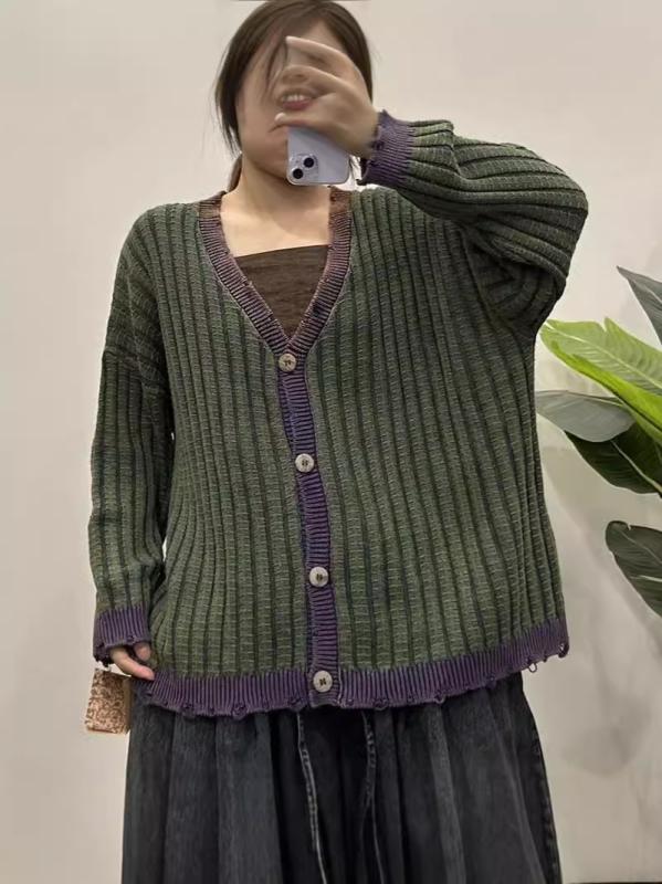 ニット カーディガン レディース Vネック 長袖 トップス 撞色 ストライプ ゆったり 文芸風 レトロ 古着風2