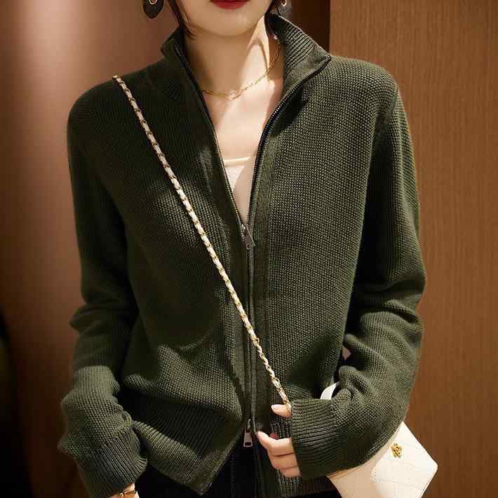 カーディガン レディース ニット ウール 立襟 長袖 秋冬 羽織り ゆったり 厚手 通勤 オフィス きれいめ 無地 緑 黒 白