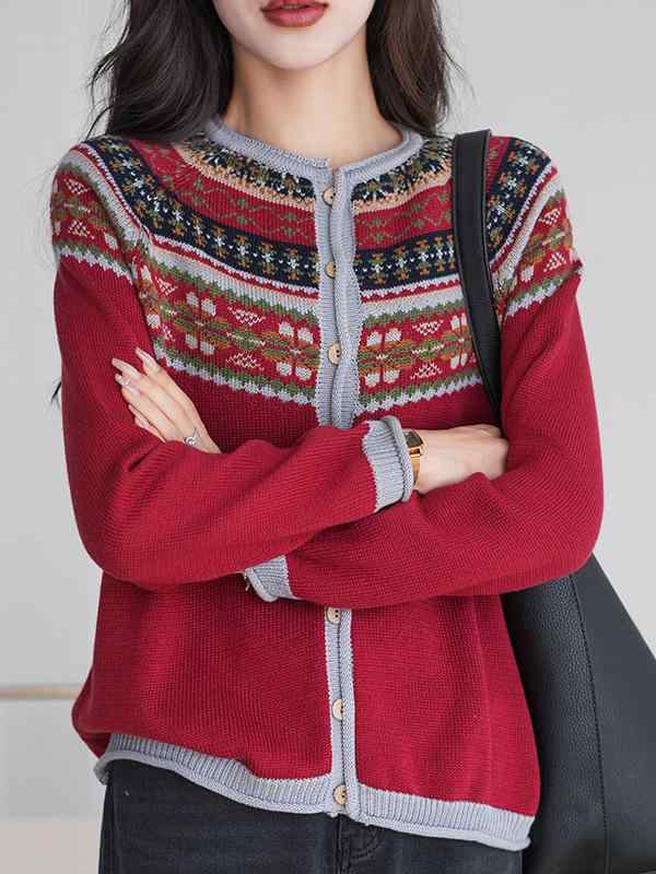 カーディガン レディース コットン ニット 春秋 文芸 レトロ ゆったり ラウンドネック 長袖 トップス 厚手 花柄 レッド ブラウン グリーン M L XL XXL
