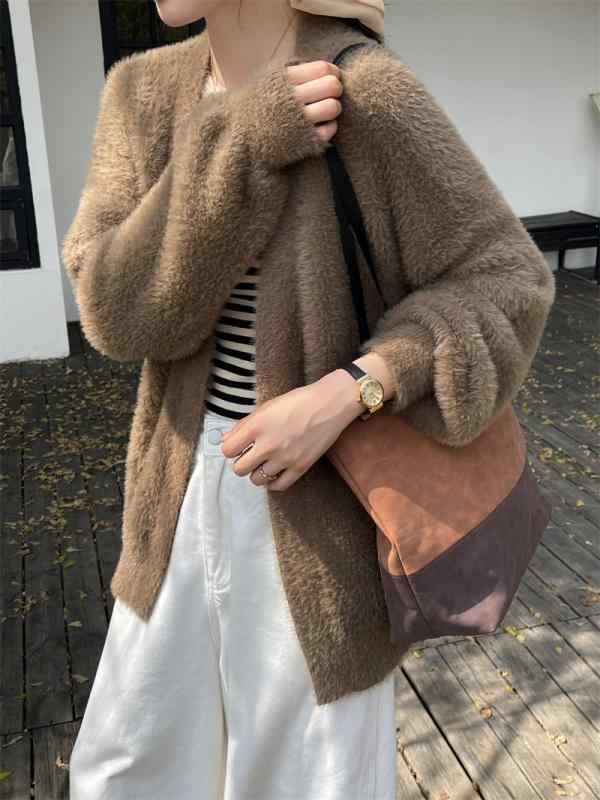 ニット レディース カーディガン 秋冬 Vネック ゆったり 柔らかい 暖かい ふわふわ 杏色 接触冷感 リラックス 普段使い2