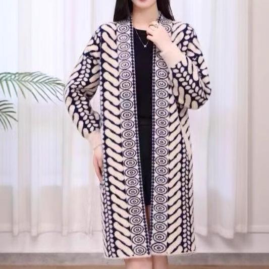 ニット カーディガン レディース 秋冬 Vネック ゆったり ロング丈 厚手 あったか 幾何学模様 体型カバー 普段使い 通勤 オフィス 紫グレー 紺 茶色 黒2｜ブリルビ