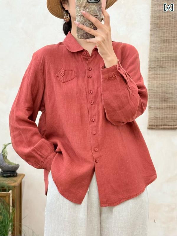 シャツ レディース 春 長袖 亜麻 リネン 翻襟 文芸復古 羽織り トップス ブラウス ゆったり 体型カバー 無地 リラックス ナチュラル|ブリルビ