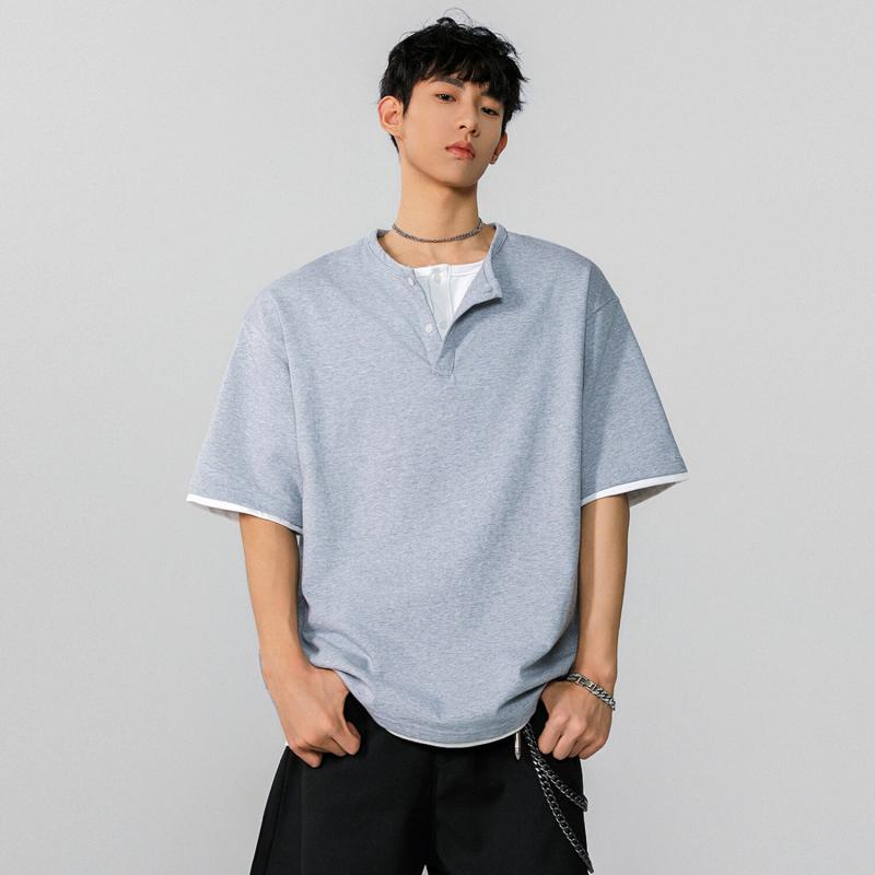 Tシャツ 男性用 ヘンリーネック 半袖 カットソー ゆったり 接触冷感 トップス 無地 普段使い 薄手 部屋着 浅灰色 ブラック