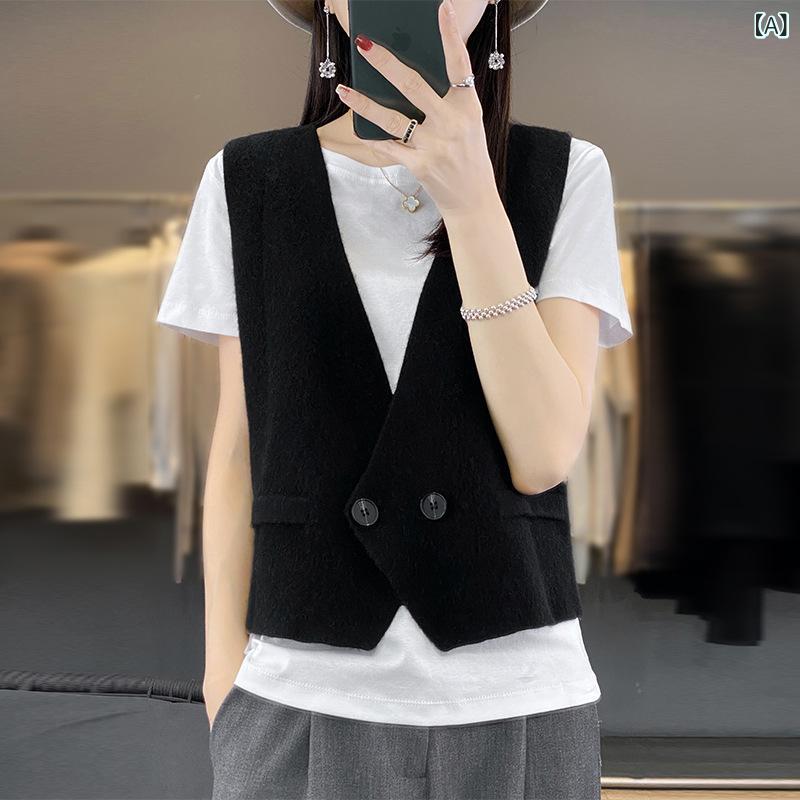 ベスト レディース 秋冬 韓国風 女性用 ショート丈 黒 ブラック Vネック ウール 混紡 ダブルブレスト 前開き ノースリーブ アウター トップス オフィス 通勤 きれいめ