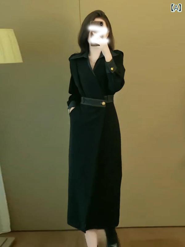 ワンピース レディース デニム 春秋 長袖 Vネック 切り替え ハイウエスト 膝丈 ミディアム丈 Aライン カジュアル｜ブリルビ