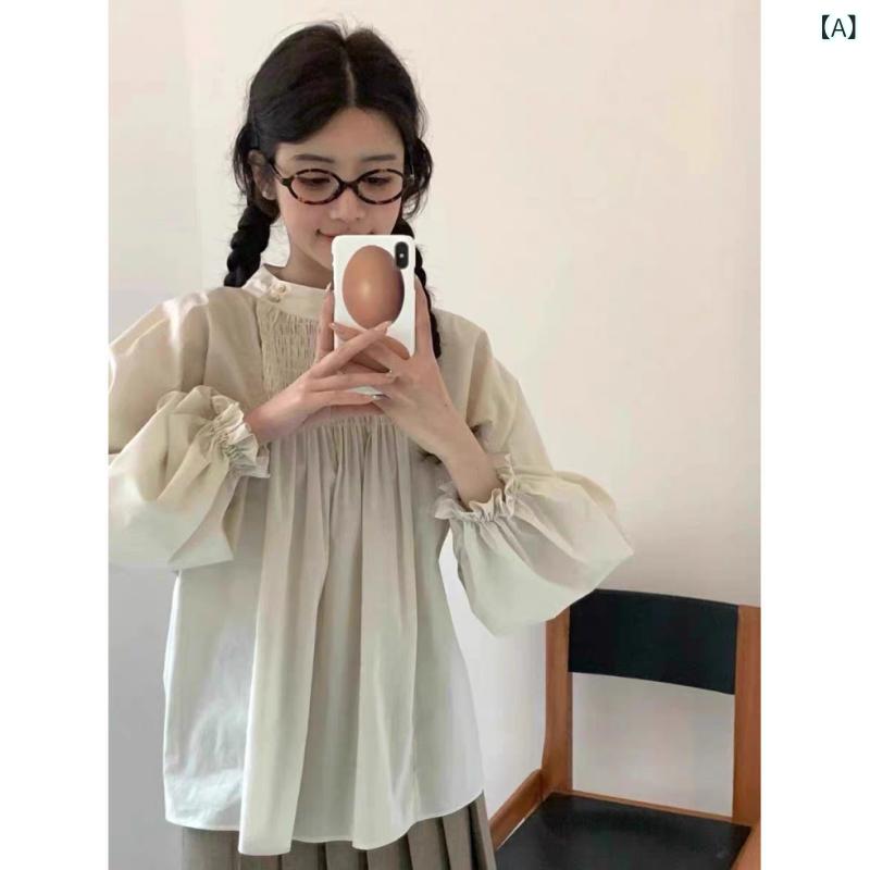 シャツ レディース トップス 韓国風 コットン ランタンスリーブ ブラウス 長袖 ゆったり プルオーバー 白 黒 杏色 春2