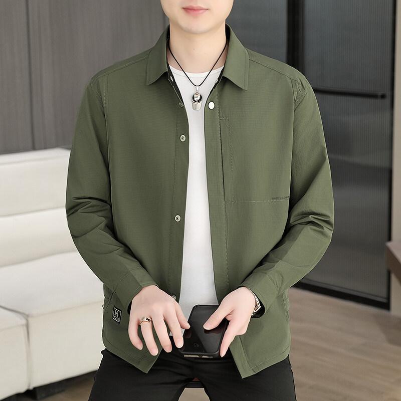 シャツ メンズ ジャケット スプリングコート 男性用 アウター カジュアル 綿混紡 ブラック カーキ グリーン M L XL 2XL 3XL 4XL｜ブリルビ