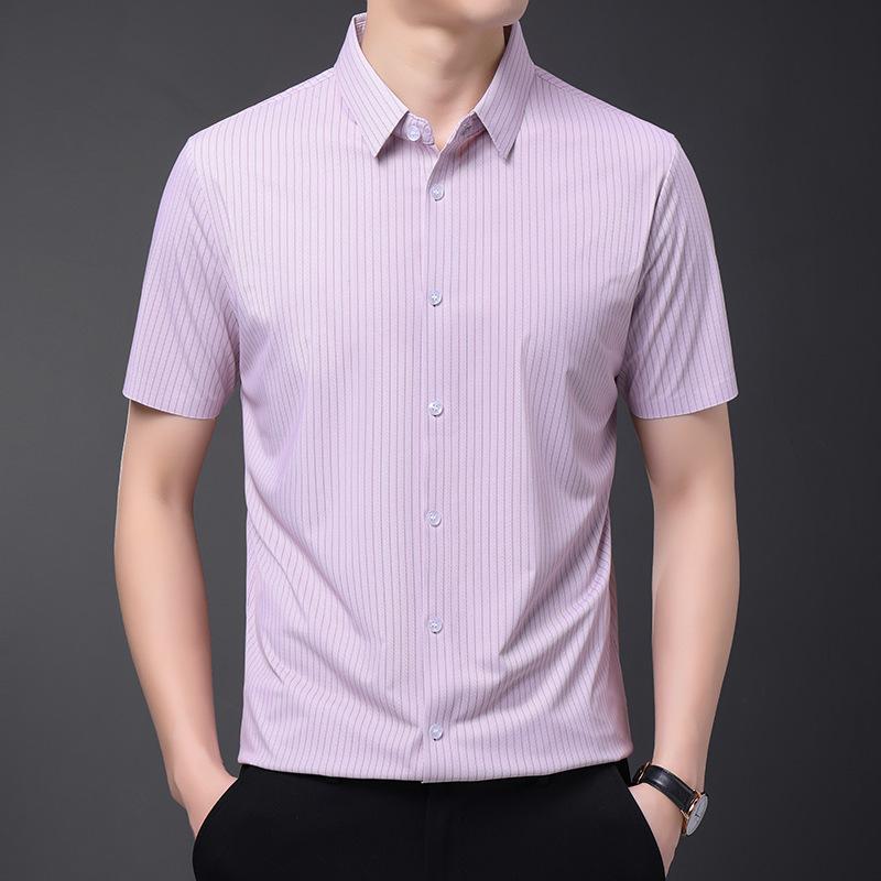 シャツ メンズ 男性用 半袖シャツ 紳士服 トップス コットン混紡 ストライプ柄 ビジネス カジュアル 薄手 夏 グリーン ブルー ピンク系