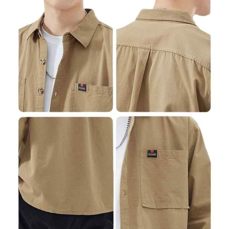 シャツ 男性用 長袖 コットン ワークシャツ カジュアル ゆったり 春秋 黒 カーキ 深グレー 豆グリーン M L XL 2XL 3XL 4XL
