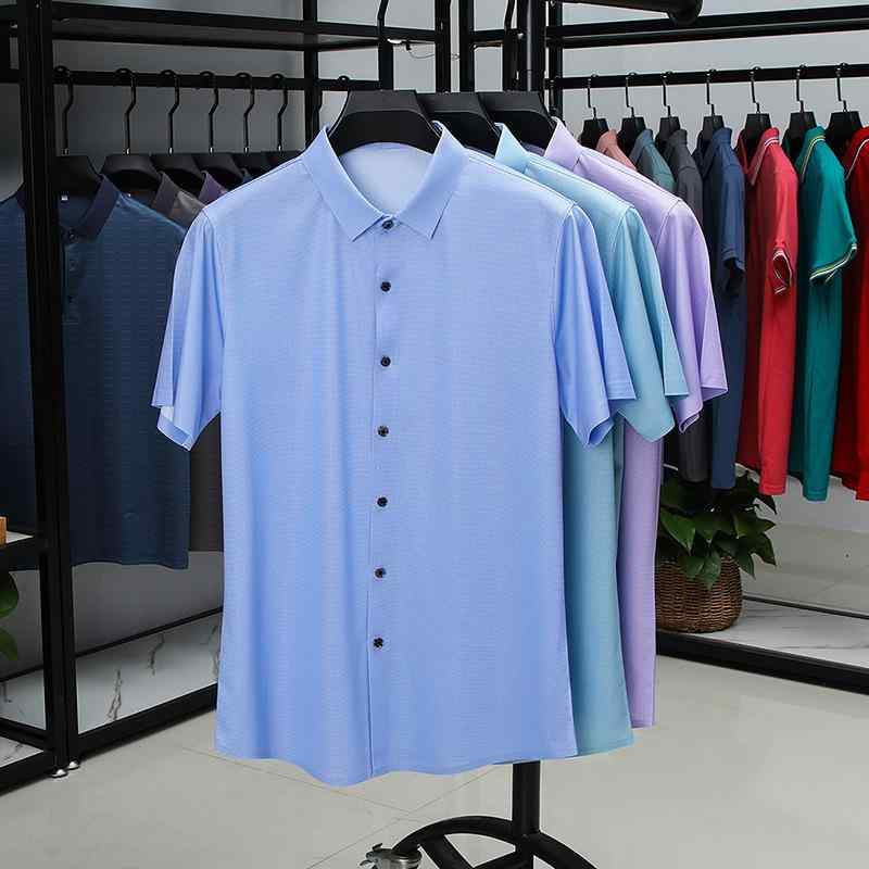 シャツ 男性用 紳士服 トップス 半袖 接触冷感 桑蚕? 薄手 伸縮性 通気性 無地 紫色 緑 青