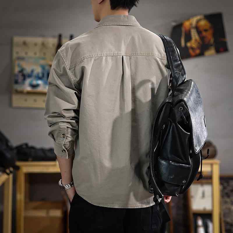 シャツ 男性用 豪華感 多ポケット ルーズ ワークシャツ ゆったり カジュアル 長袖 トップス カーキ グレー 綿 防皺