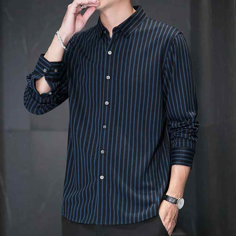 シャツ メンズ 男性用 長袖 ストライプ柄 カジュアル モダール混紡 春秋 合体型 ビジネス 通勤 トップス きれいめ