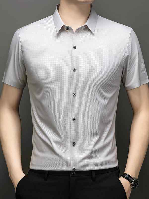 シャツ 男性用 ビジネス カジュアル 半袖 形態安定 桑蚕?混紡 トップス 薄手 吸湿速乾 接触冷感 グレー ブルー パープル系